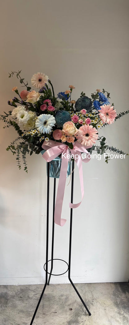 ▌FS-002 ▌鮮花-藍煙粉影-精緻高架花籃