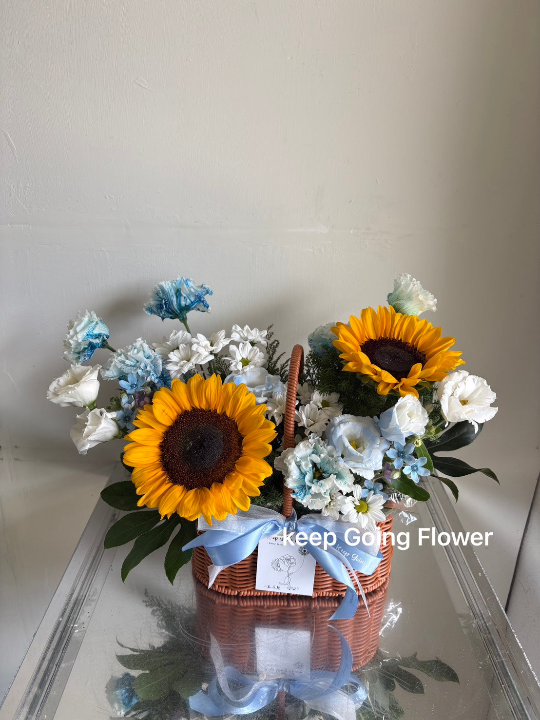 ▌F-T-326 ▌鮮花-陽光藍海-精緻提籃桌花