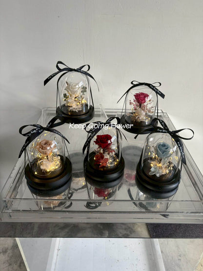 ▌I-G411 ▌永生花-輕語玫琉-精緻玻璃花盅燈 (mini)(電池款)